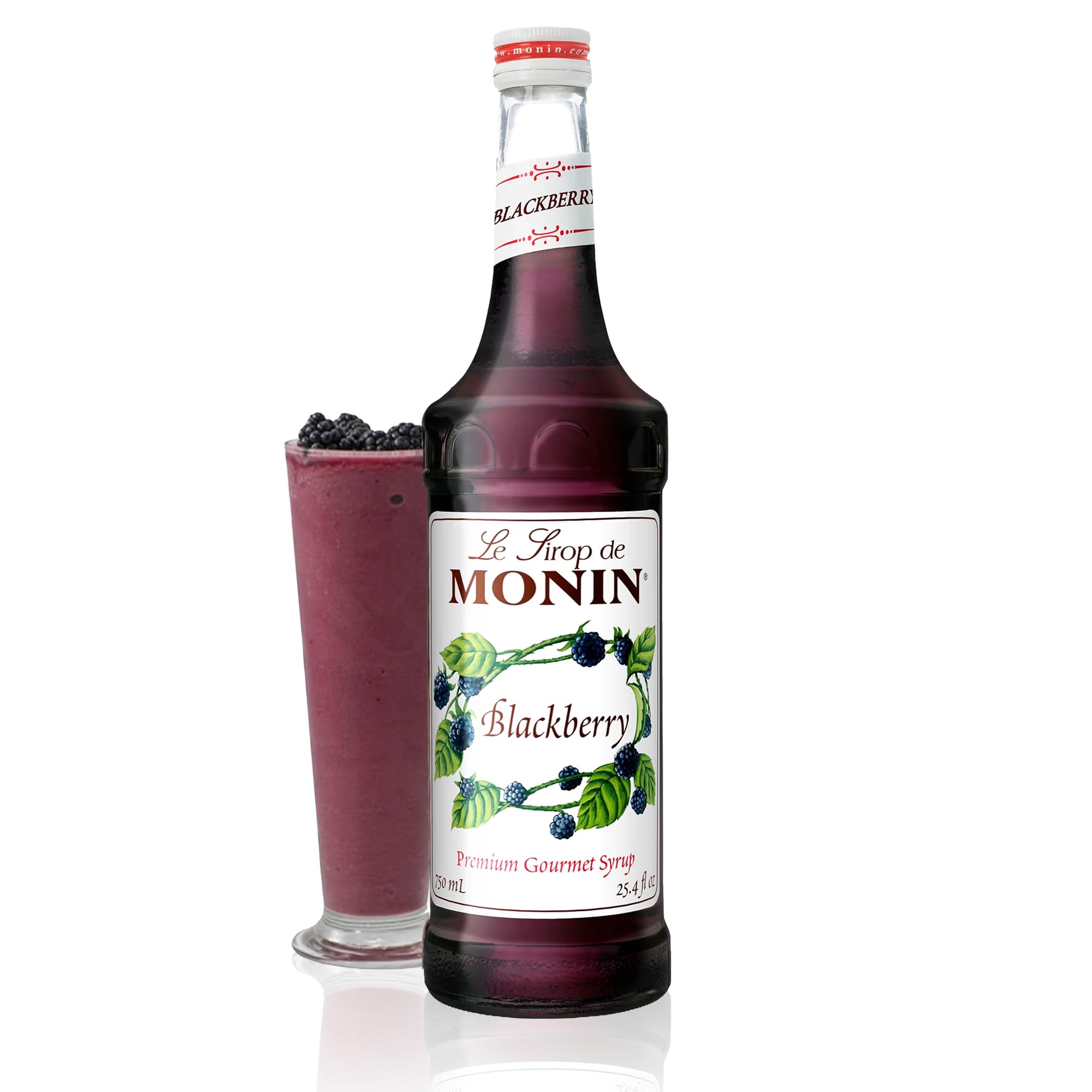 Monin Blackberry Syrup bottle showcases deep purple color, ideal for cocktails.