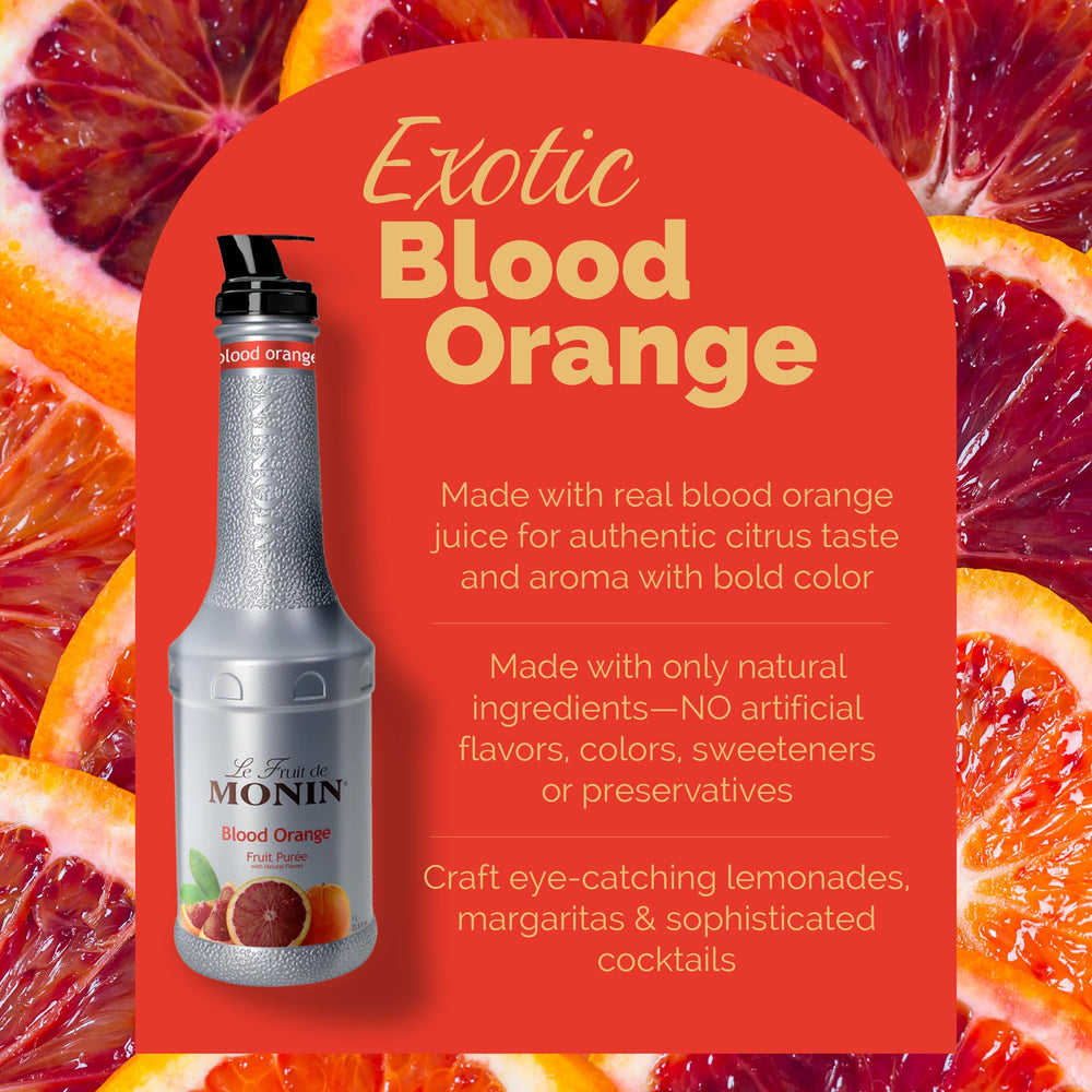 Monin Blood Orange Puree glass-cocktail closeup showing glossy color and aroma.