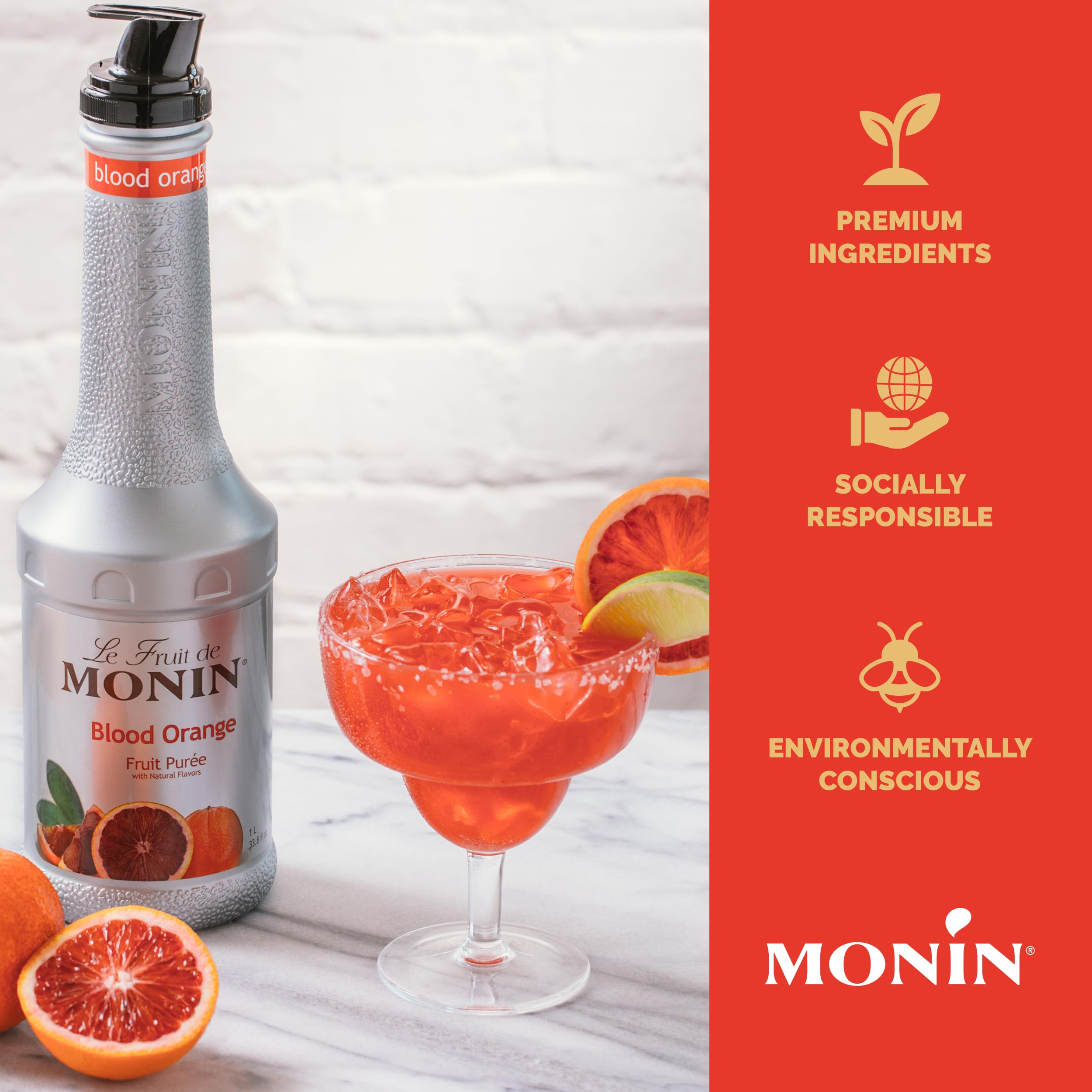 Monin Blood Orange Puree ingredient closeup highlighting natural flavors for baking.
