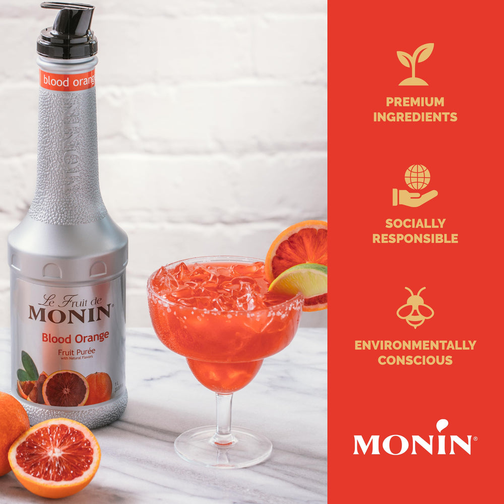 Monin Blood Orange Puree ingredient closeup highlighting natural flavors for baking.