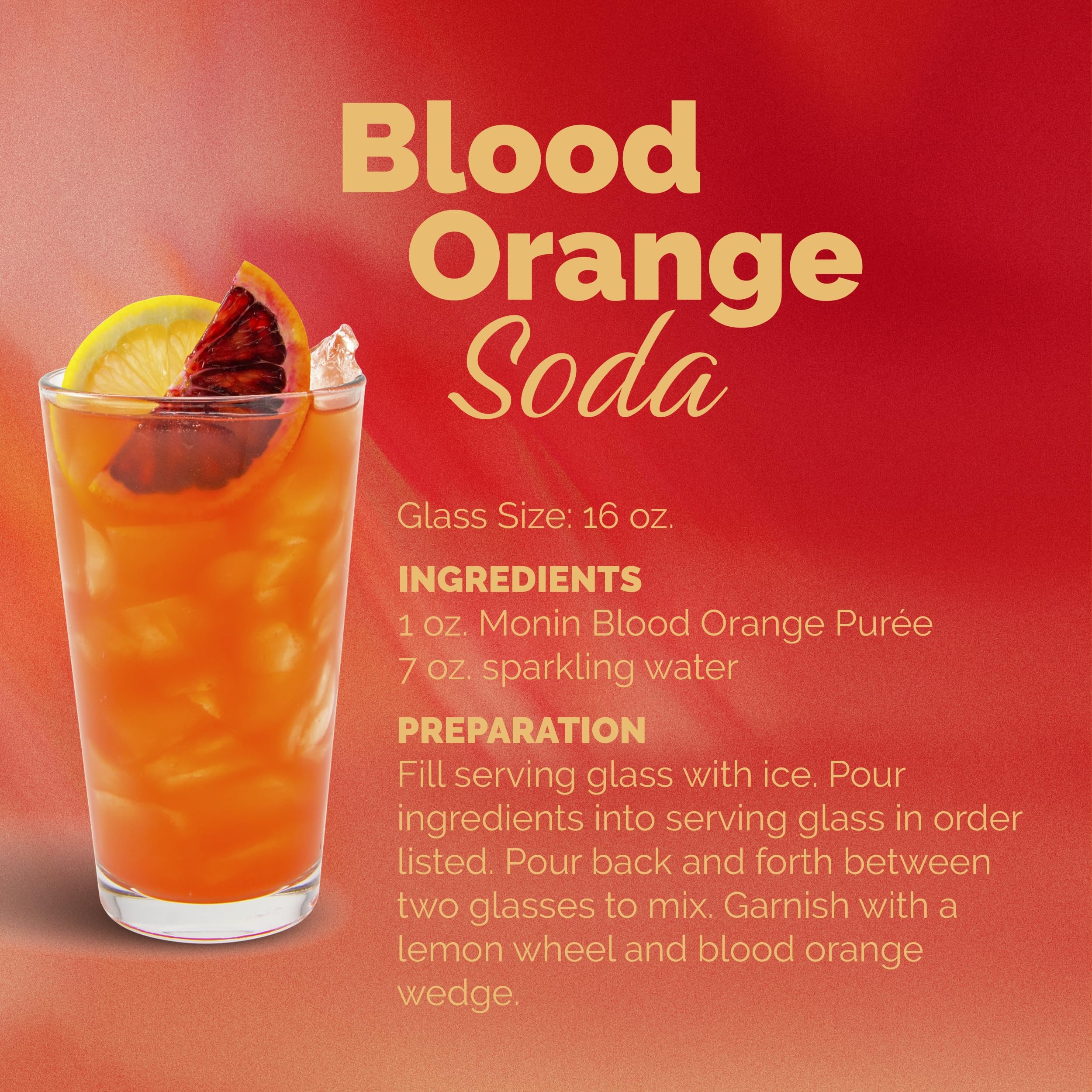 Monin Blood Orange Puree label-packaging emphasizing eco-friendly packaging and clear ingredients.
