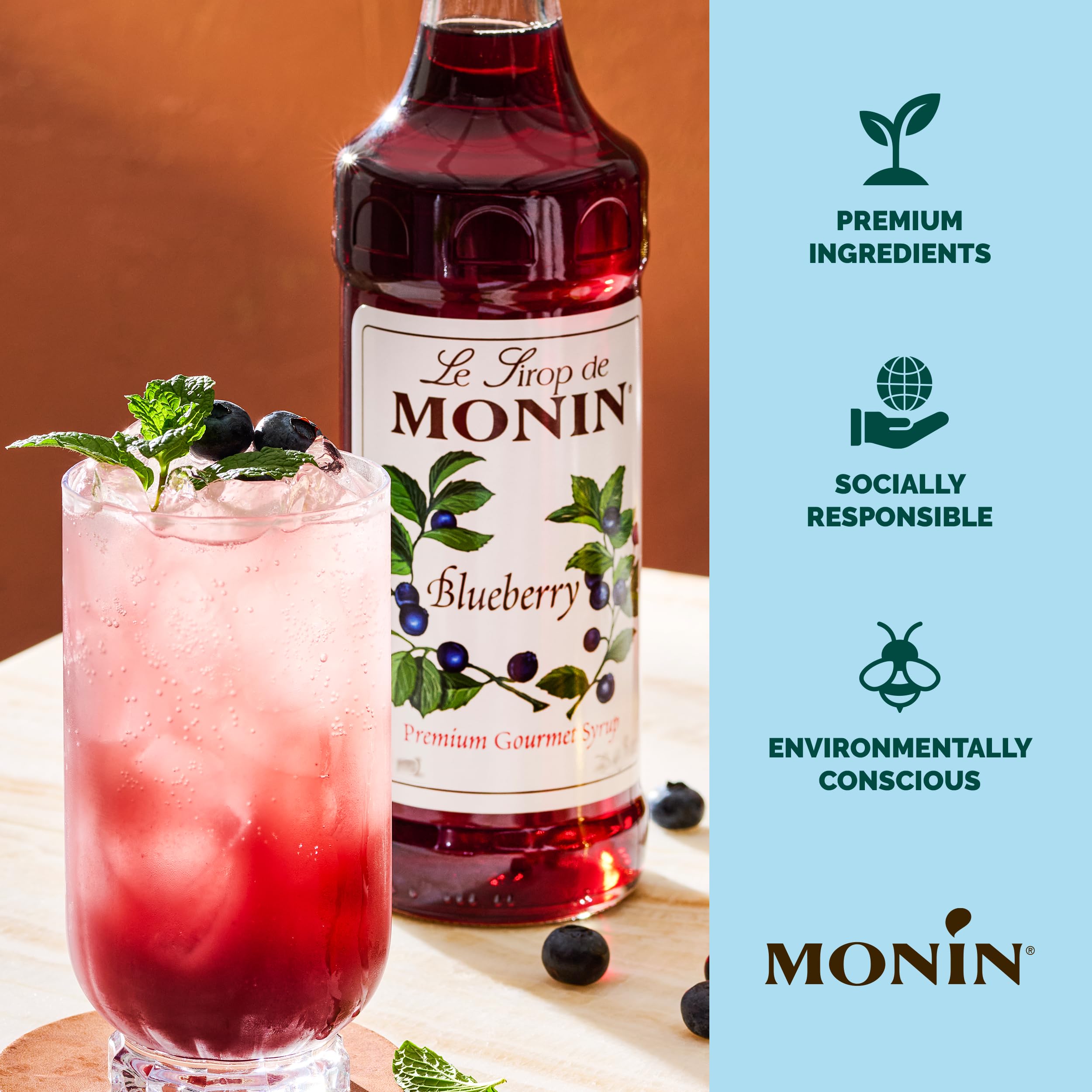 Monin Blueberry Syrup with smoothies delivering natural sweetness.