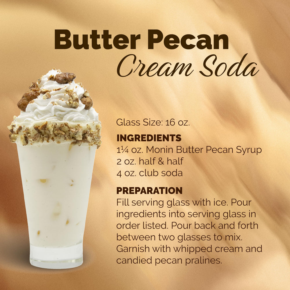 Monin Butter Pecan Syrup packaging highlights BPA-free bottle and eco-friendly design