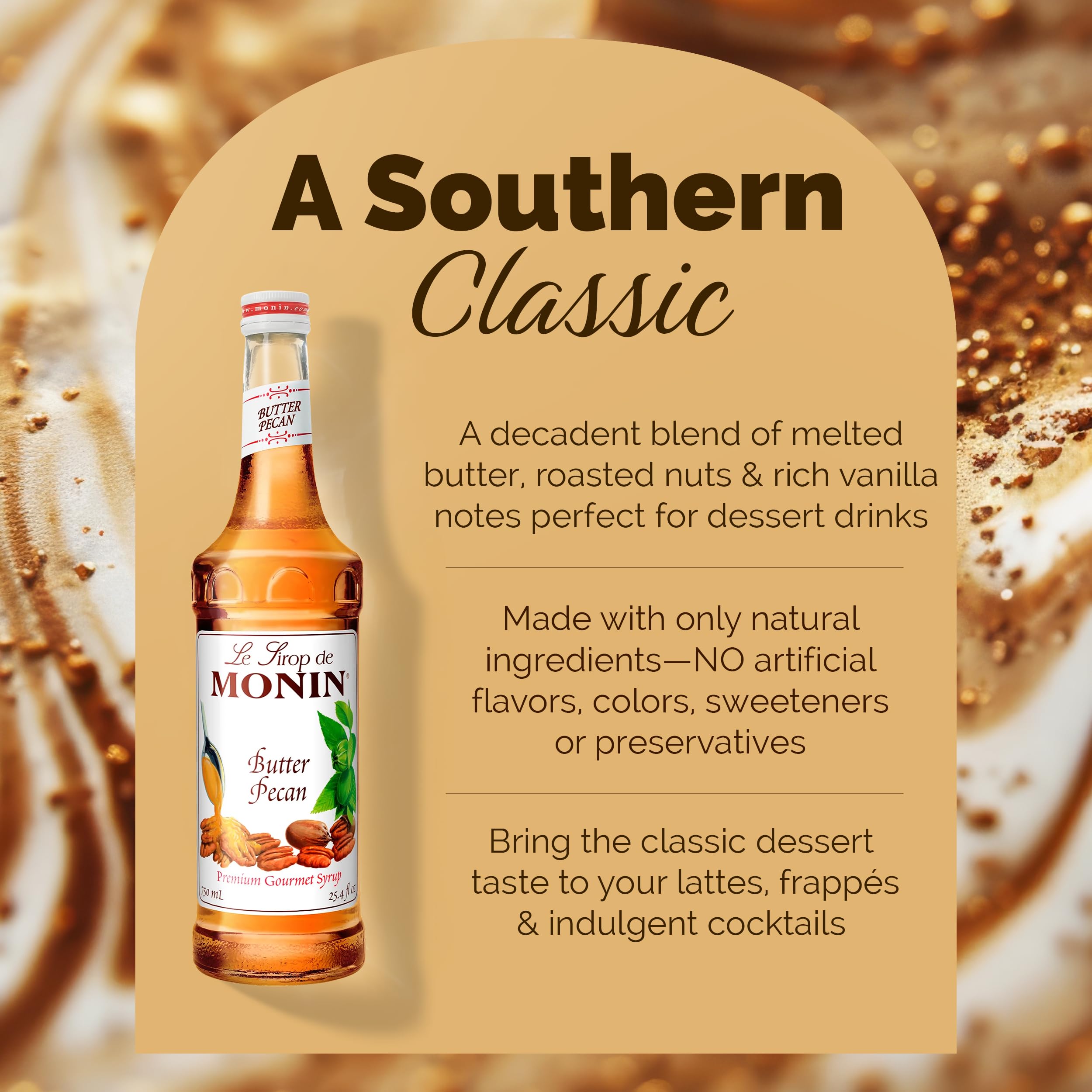 Monin Butter Pecan Syrup in a mocha-tall glass showing buttery notes
