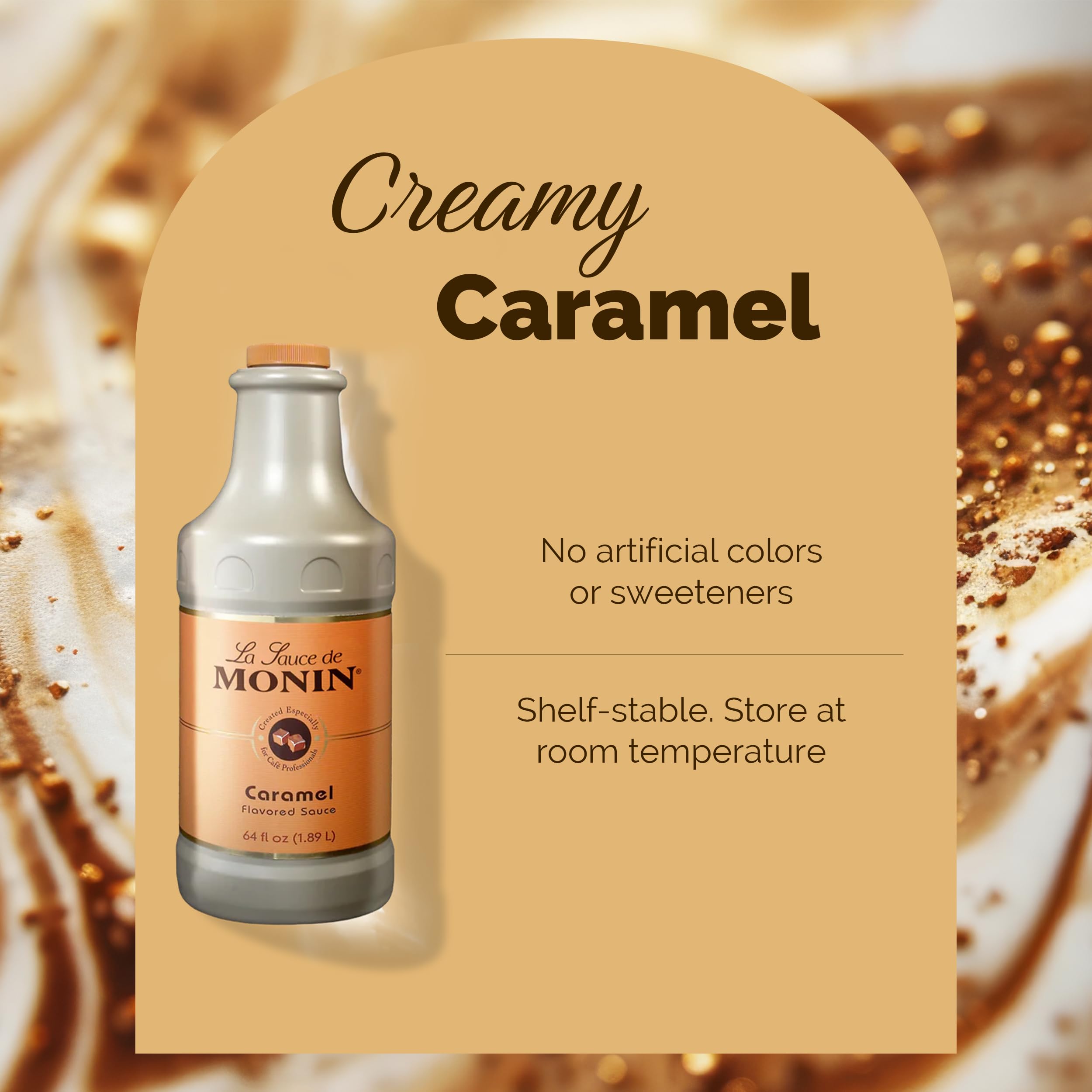 Monin Caramel Sauce beside a coffee cup for elevated home beverages.