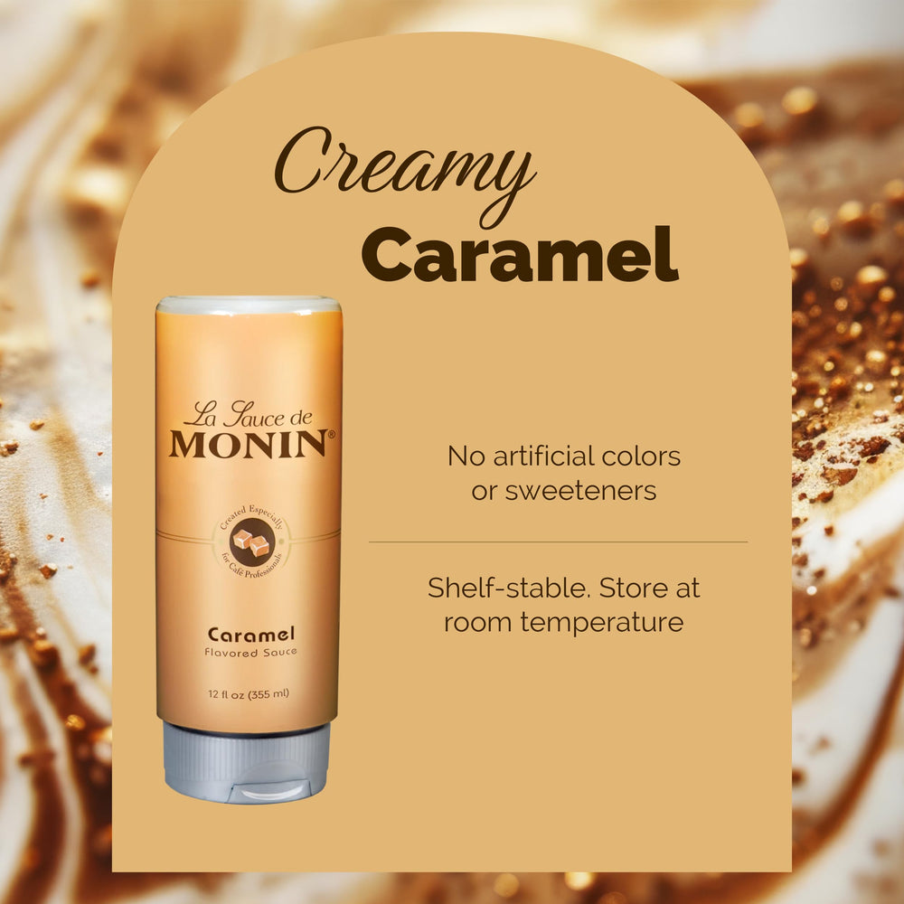 Monin caramel sauce on a coffee drink for added caramel sweetness