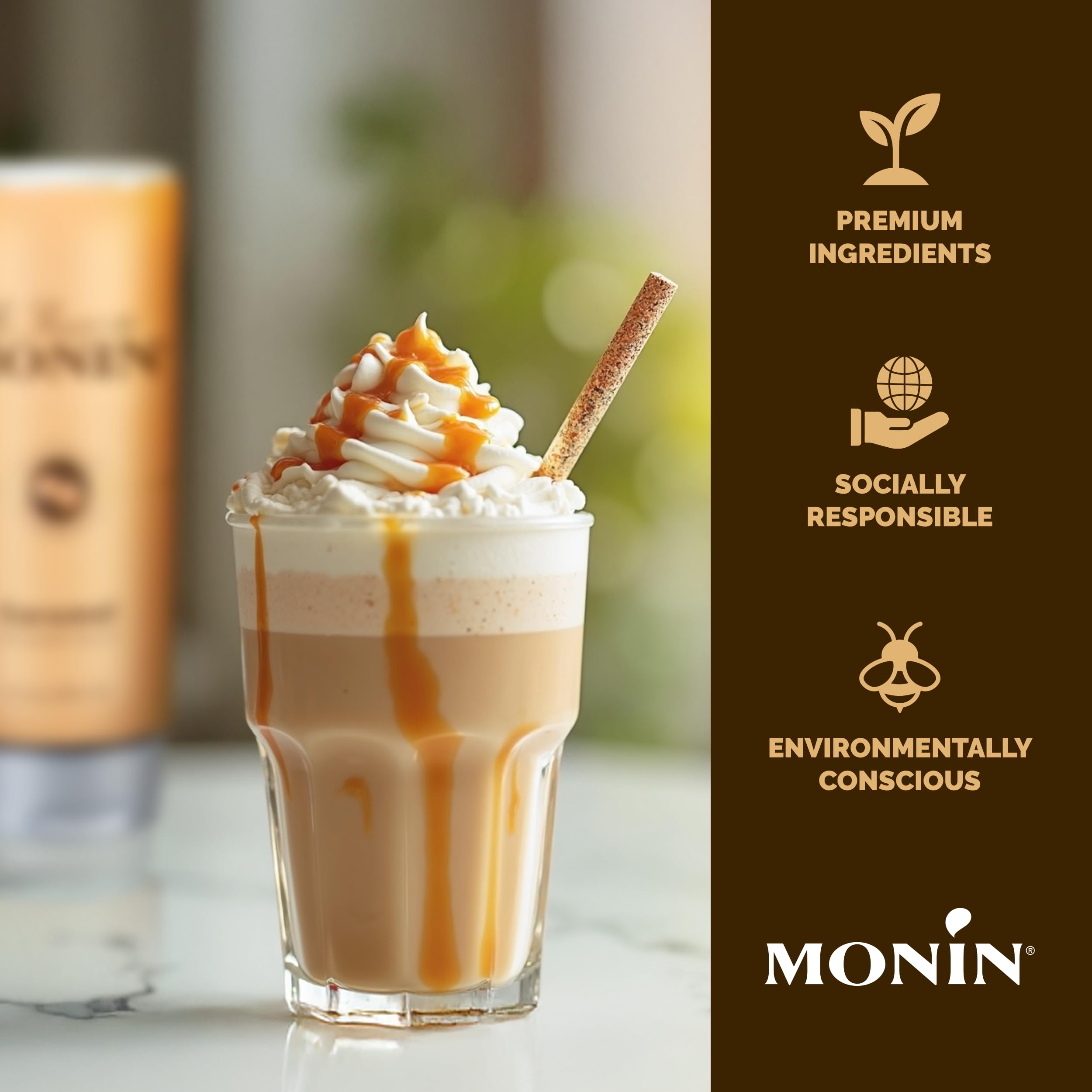 Monin caramel sauce topping on ice cream for creamy flavor boost