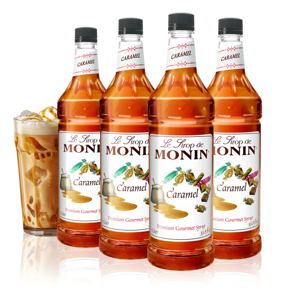 Monin Caramel Syrup bottle being poured into coffee for rich flavor