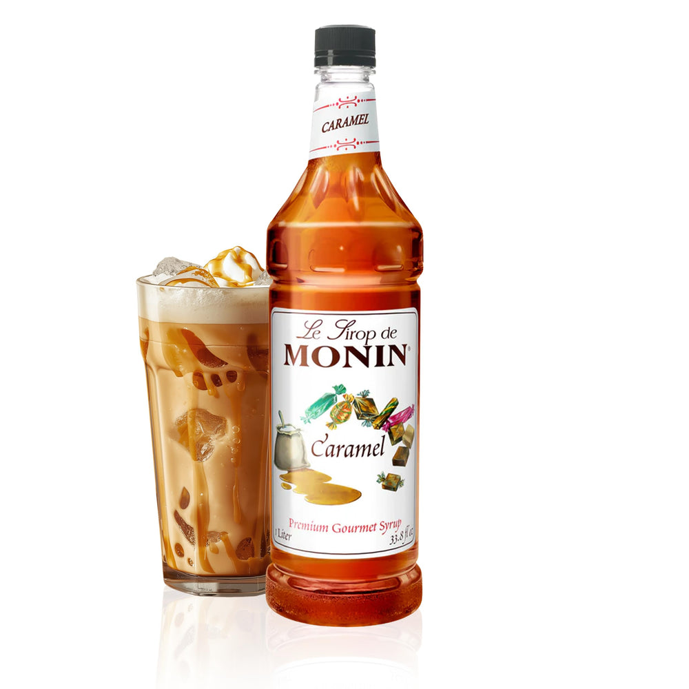 Monin Caramel Syrup bottle pour enhances desserts and coffees with a rich, buttery profile.