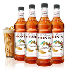 Monin Caramel Syrup bottle being poured into coffee for rich flavor