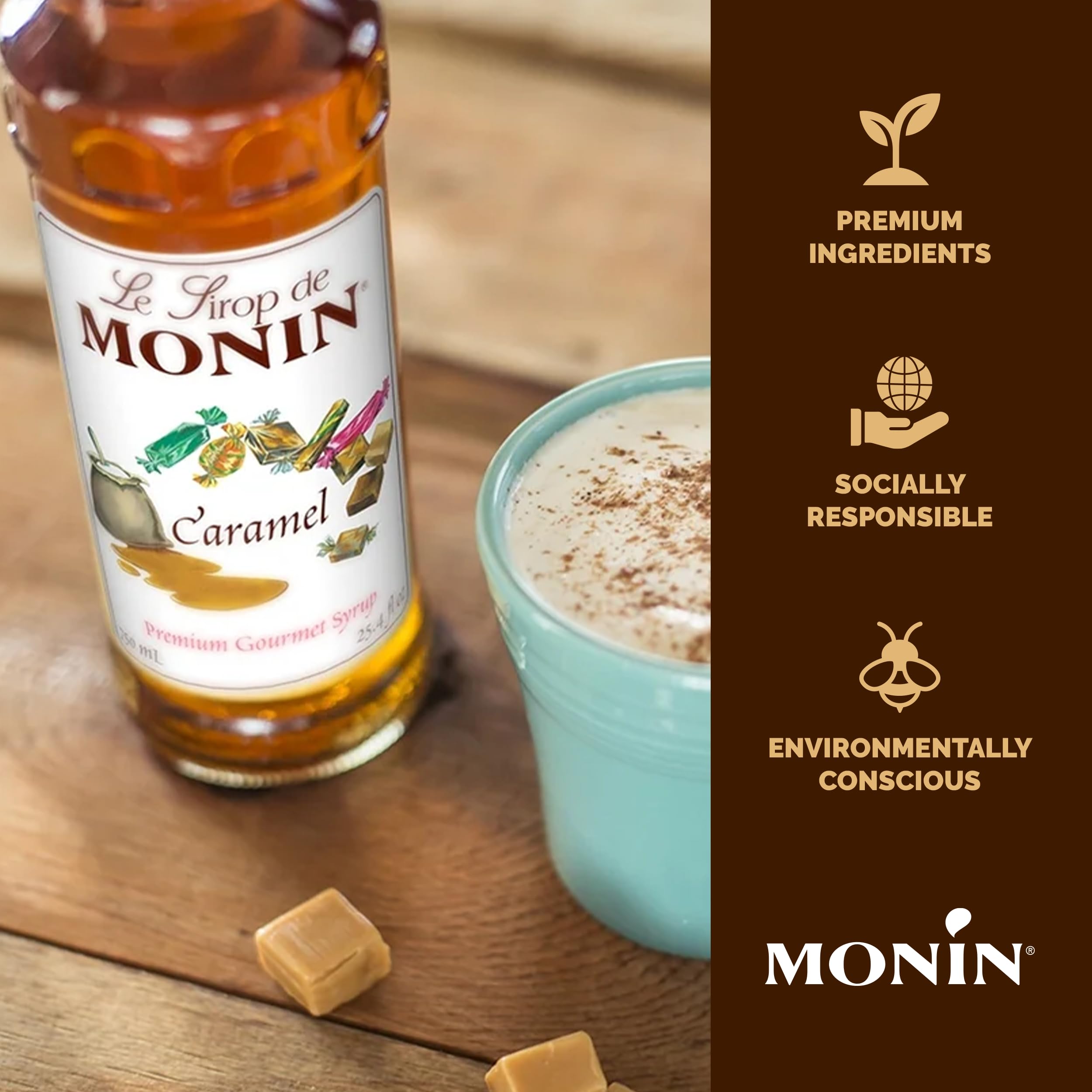 Coffee beverage swirled with Monin Caramel Syrup for depth and aroma