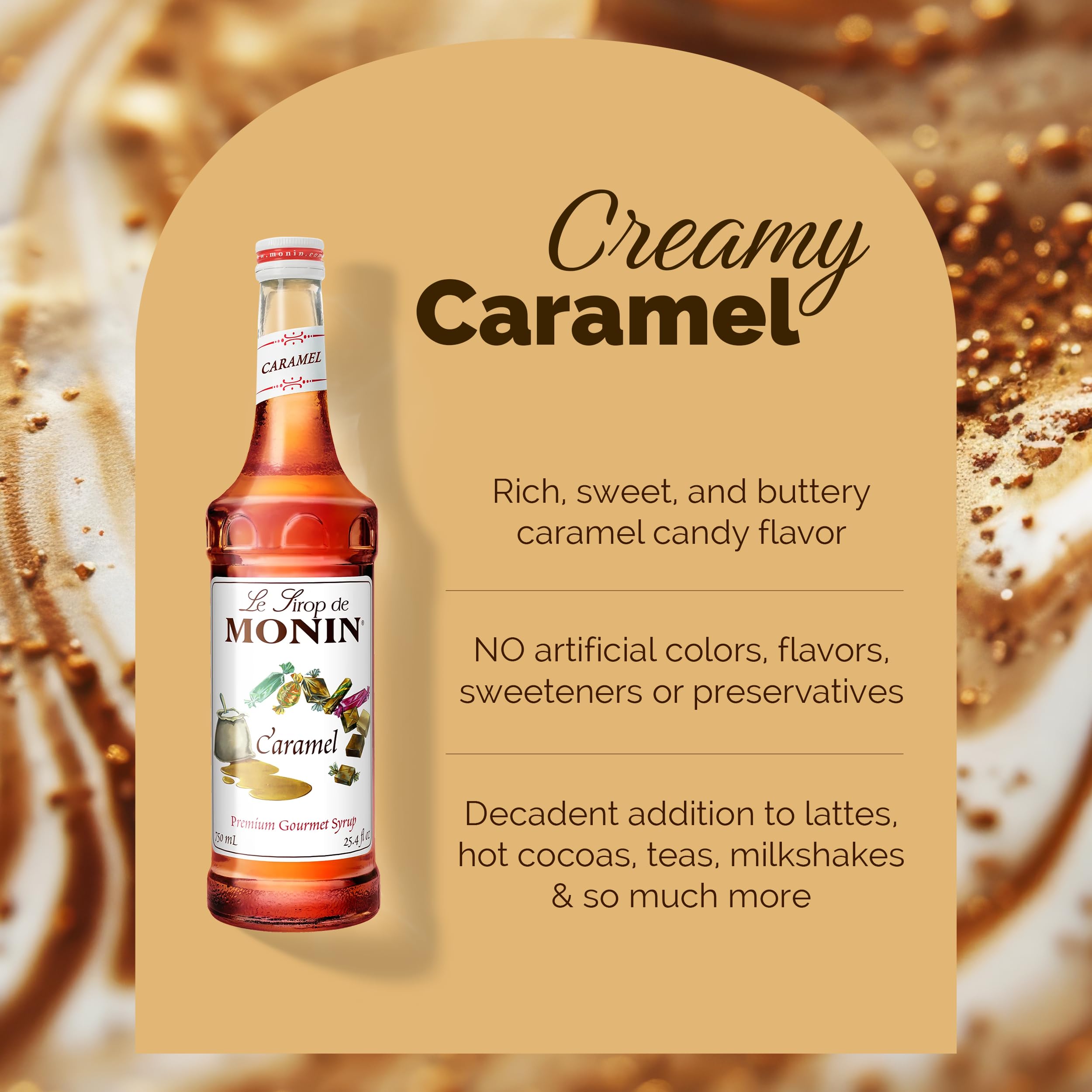 Monin caramel syrup dessert drizzle adds creamy caramel to pastries.