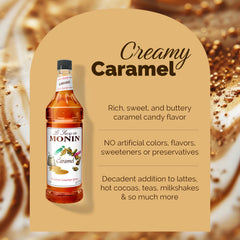 Monin Caramel Syrup on a dessert plate adds glossy depth to sweet treats.