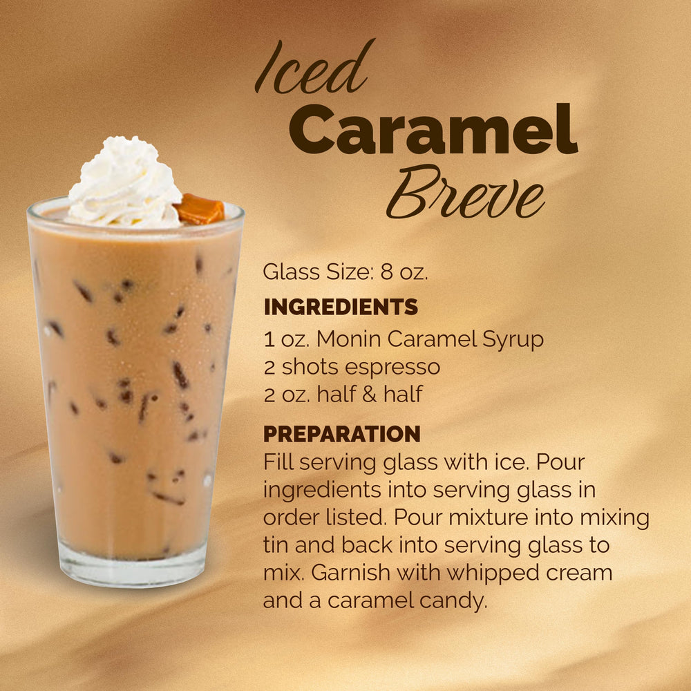 Milkshake glass topped with a drizzle of Monin Caramel Syrup