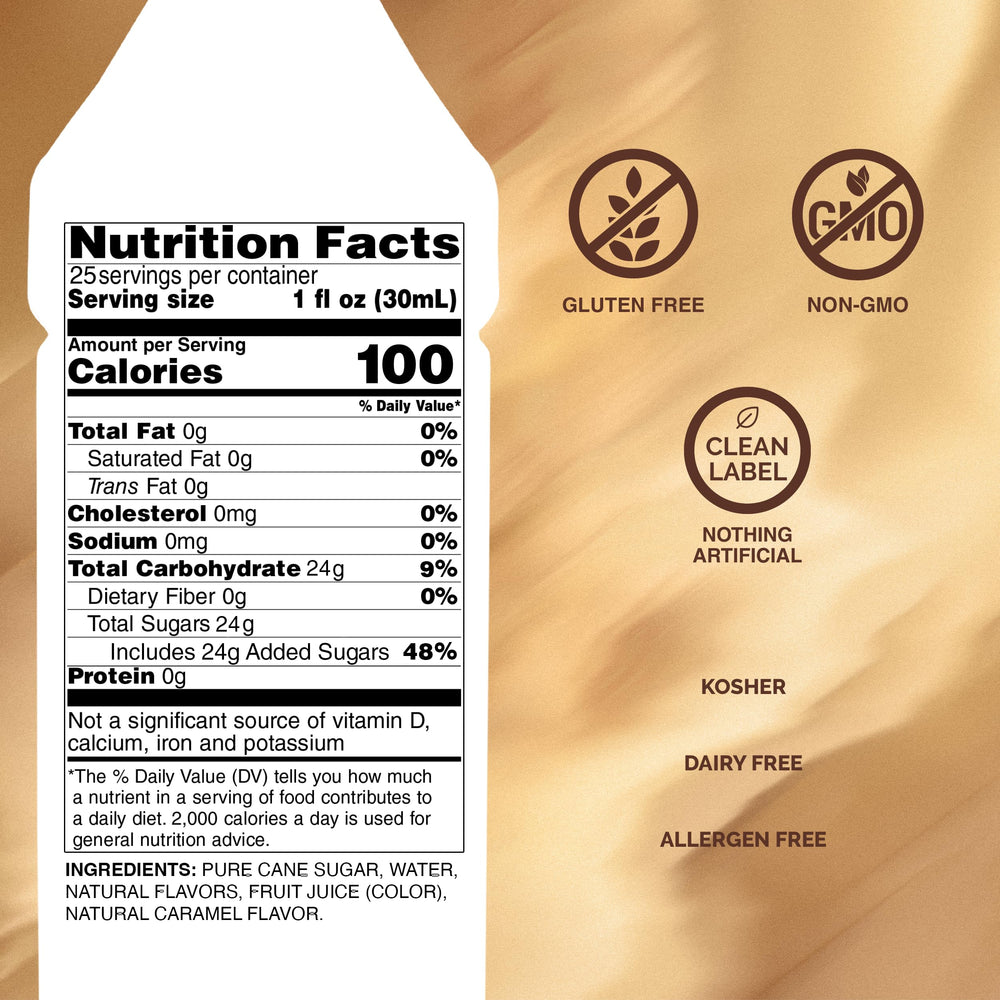 Monin caramel syrup pour highlights buttery notes for cocktails and cocoa.
