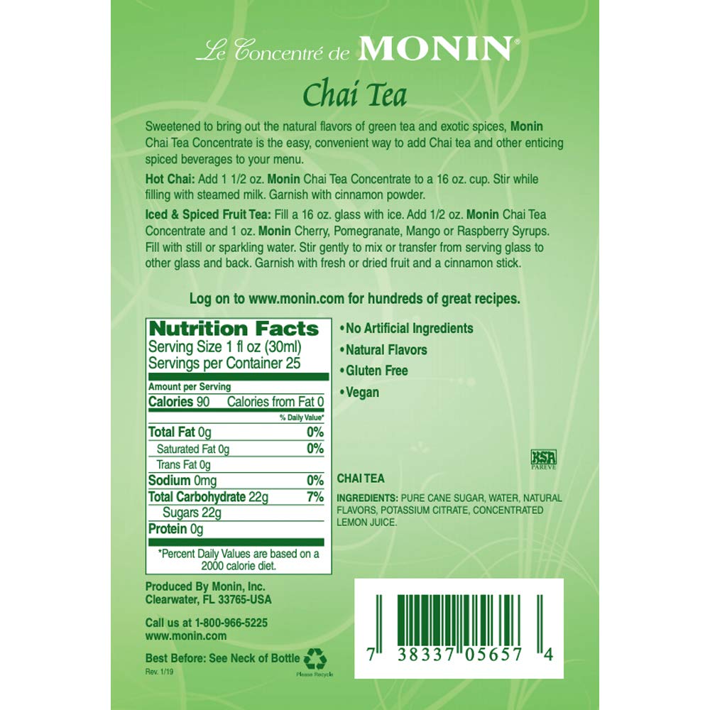 Monin Chai Tea Concentrate label close-up shows premium ingredients