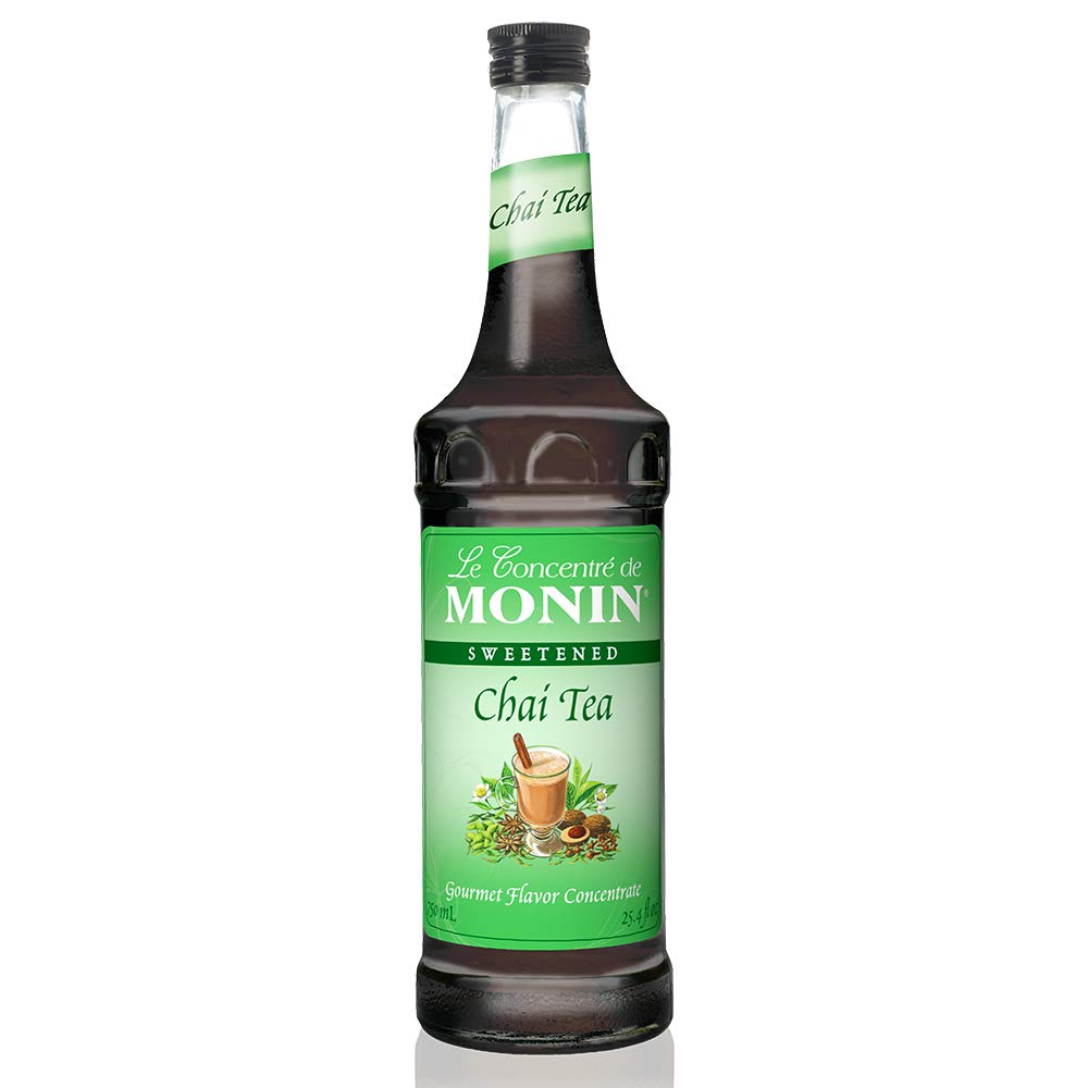 Monin chai tea concentrate bottle showcases premium spice blend for rich spiced chai.