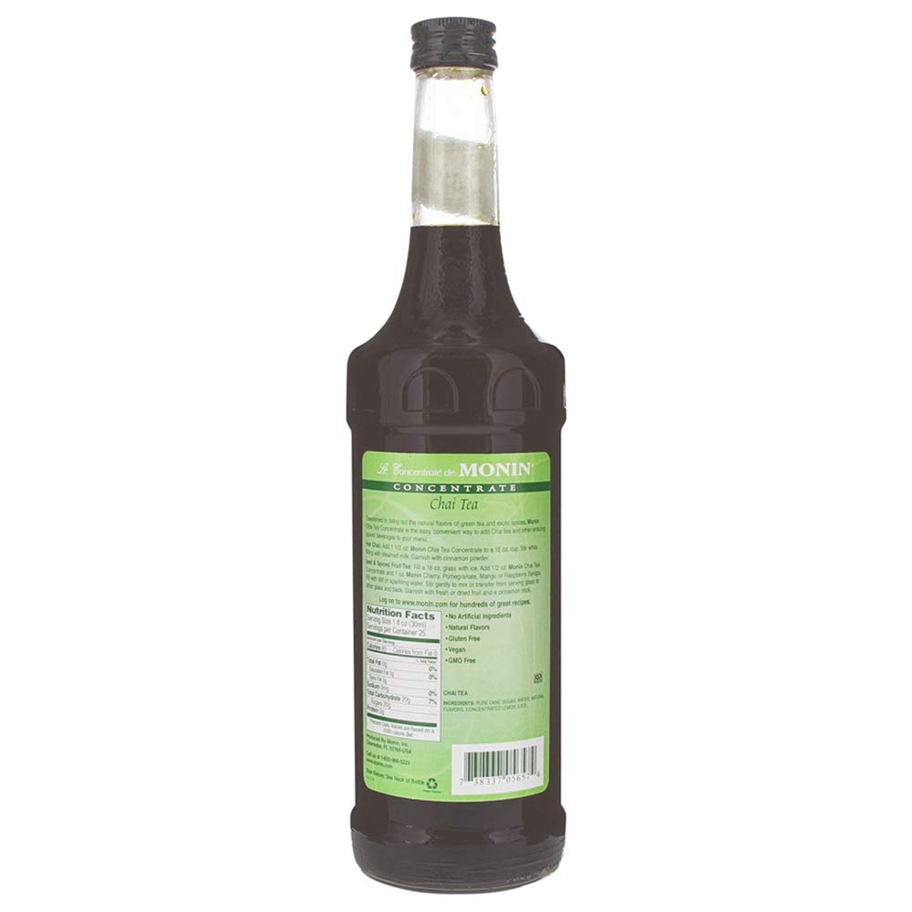 Monin chai tea concentrate ingredients highlight green tea, cinnamon, clove and orange blossom.