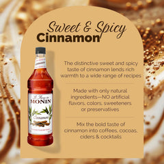 Monin Cinnamon Syrup close-up label highlights natural flavors.
