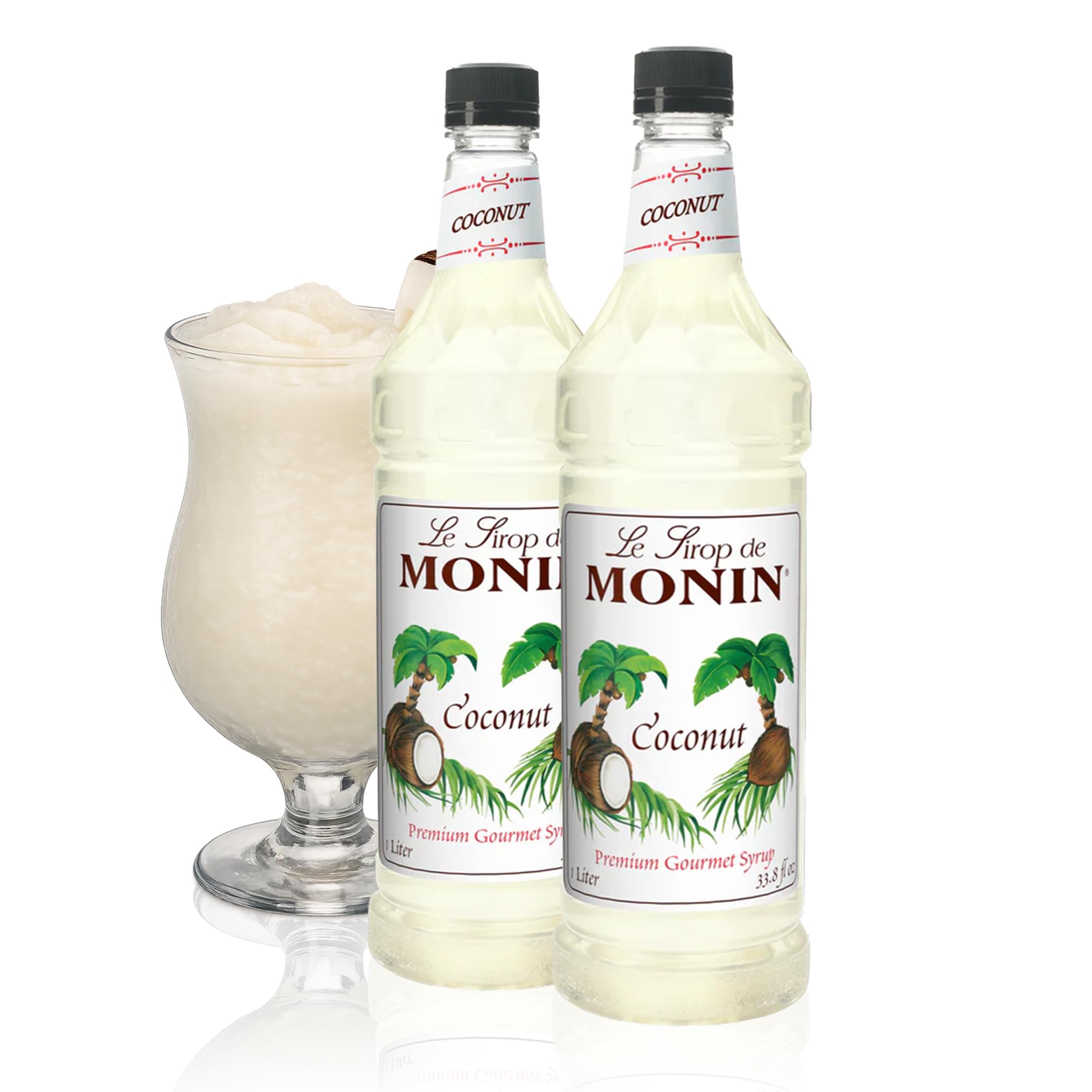 Monin Coconut Syrup bottle adds creamy coconut flavor to tropical drinks