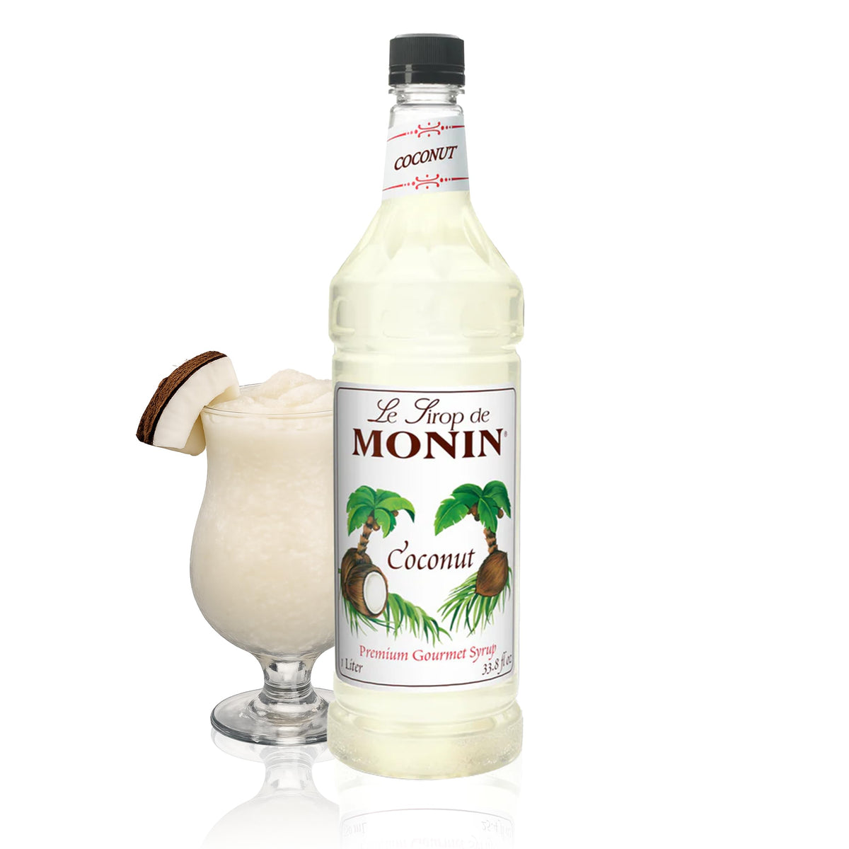 Monin Coconut Syrup bottle for tropical cocktails and desserts.