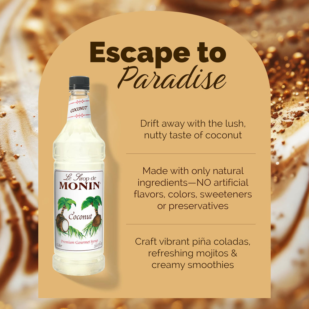 Cocktail glass with Monin Coconut Syrup enhancing tropical flavors.