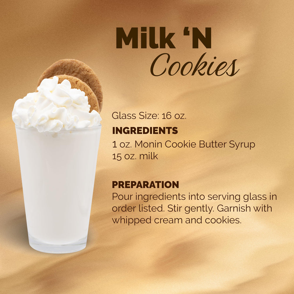 Monin Cookie Butter Syrup label highlighting gluten-free, vegan, non-GMO attributes