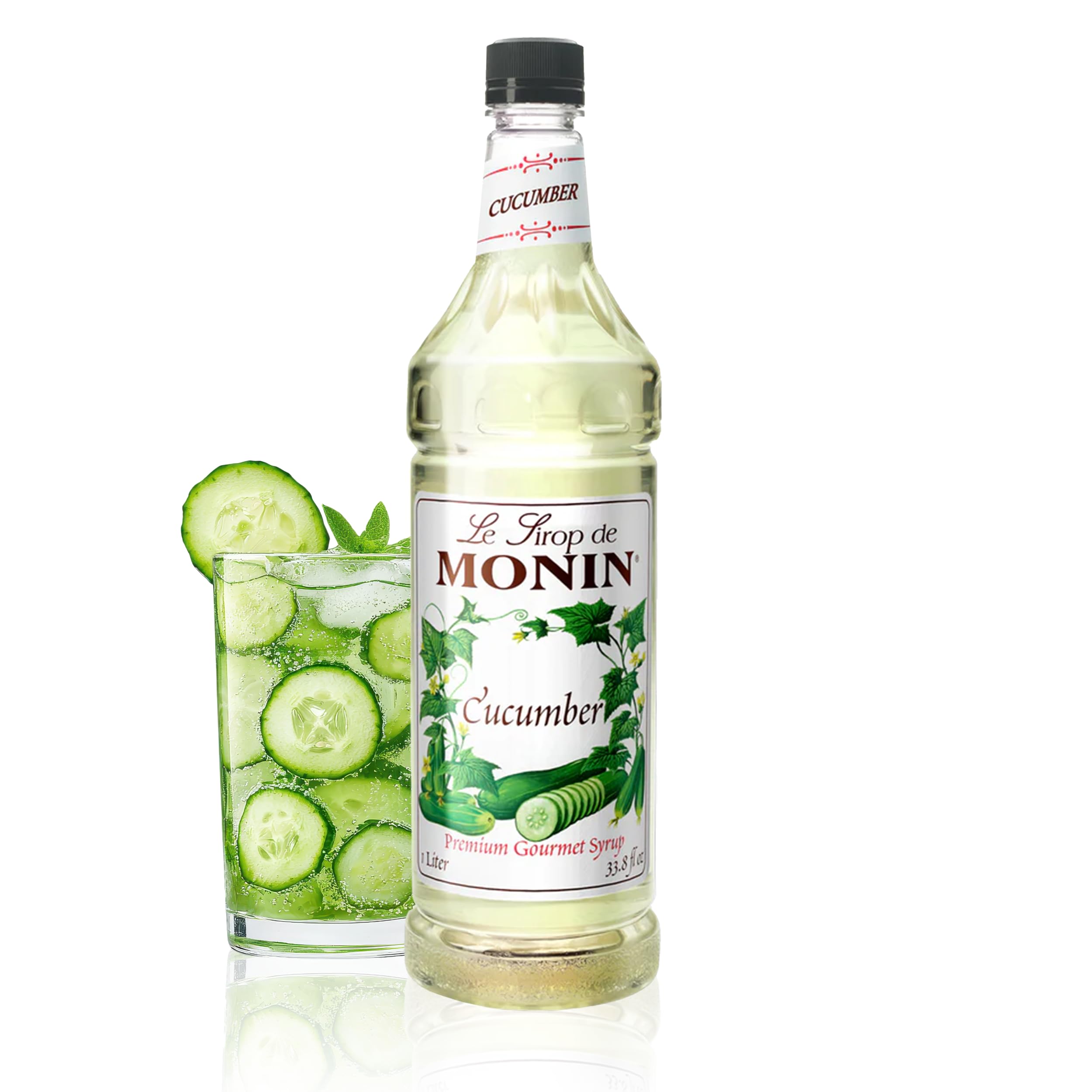 Monin Cucumber Syrup bottle close-up, highlighting garden-fresh flavor for cocktails and lemonades