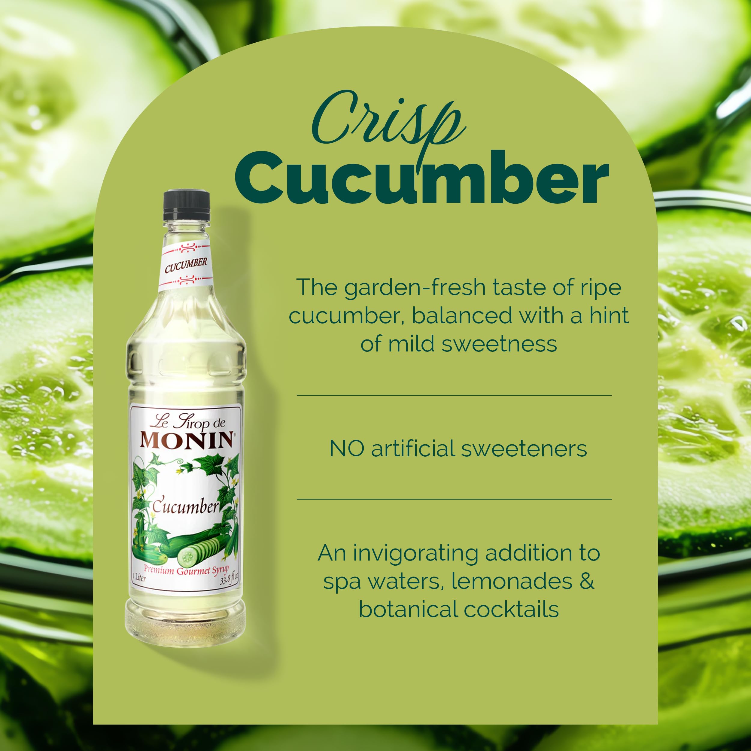 Cocktail with cucumber garnish using Monin Syrup for a refreshing summer twist