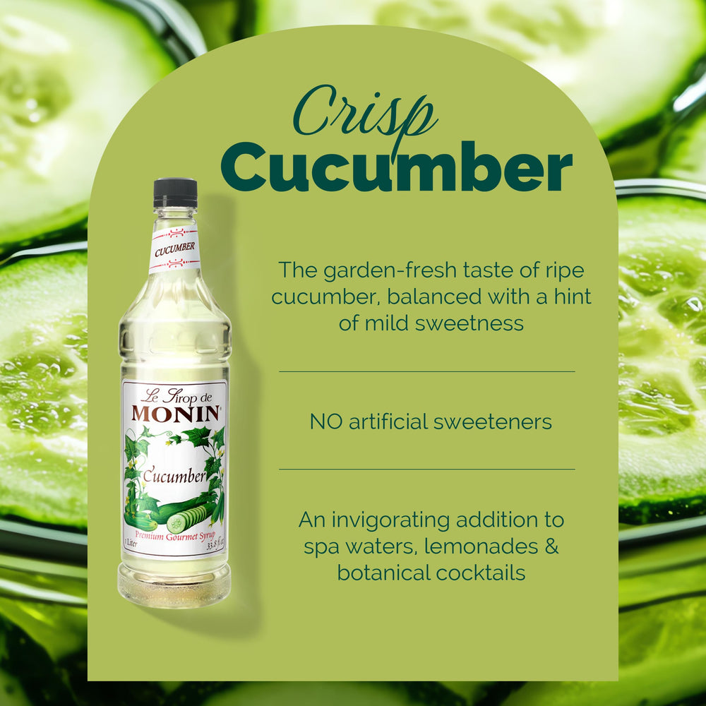 Cocktail with cucumber garnish using Monin Syrup for a refreshing summer twist
