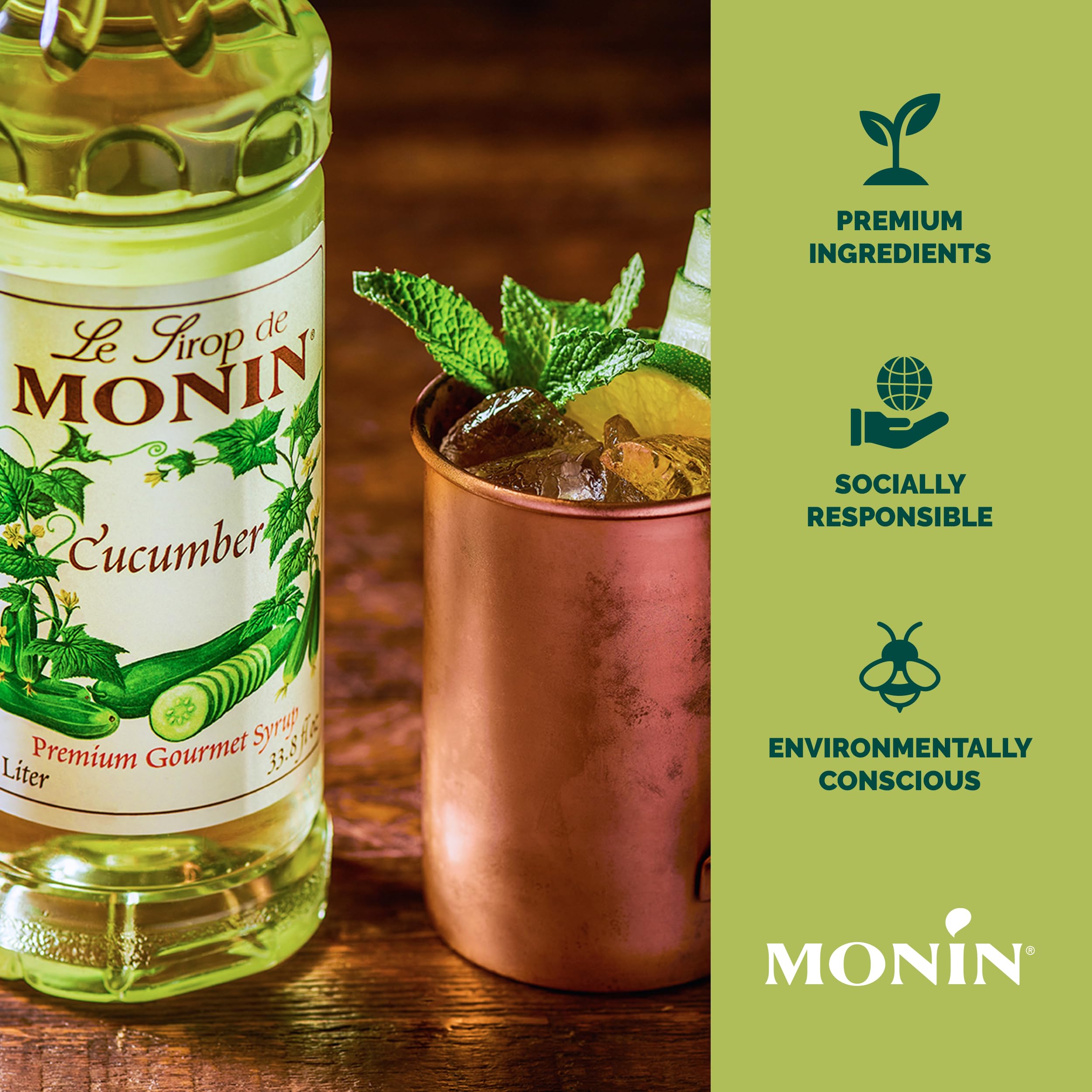 Monin Cucumber Syrup ingredients, showcasing allergen-free, non-GMO recipe notes.