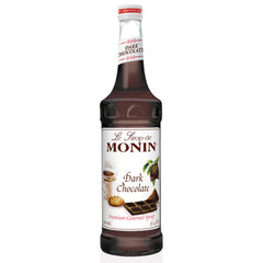 Monin dark chocolate syrup bottle, velvety flavor ideal for coffee and desserts