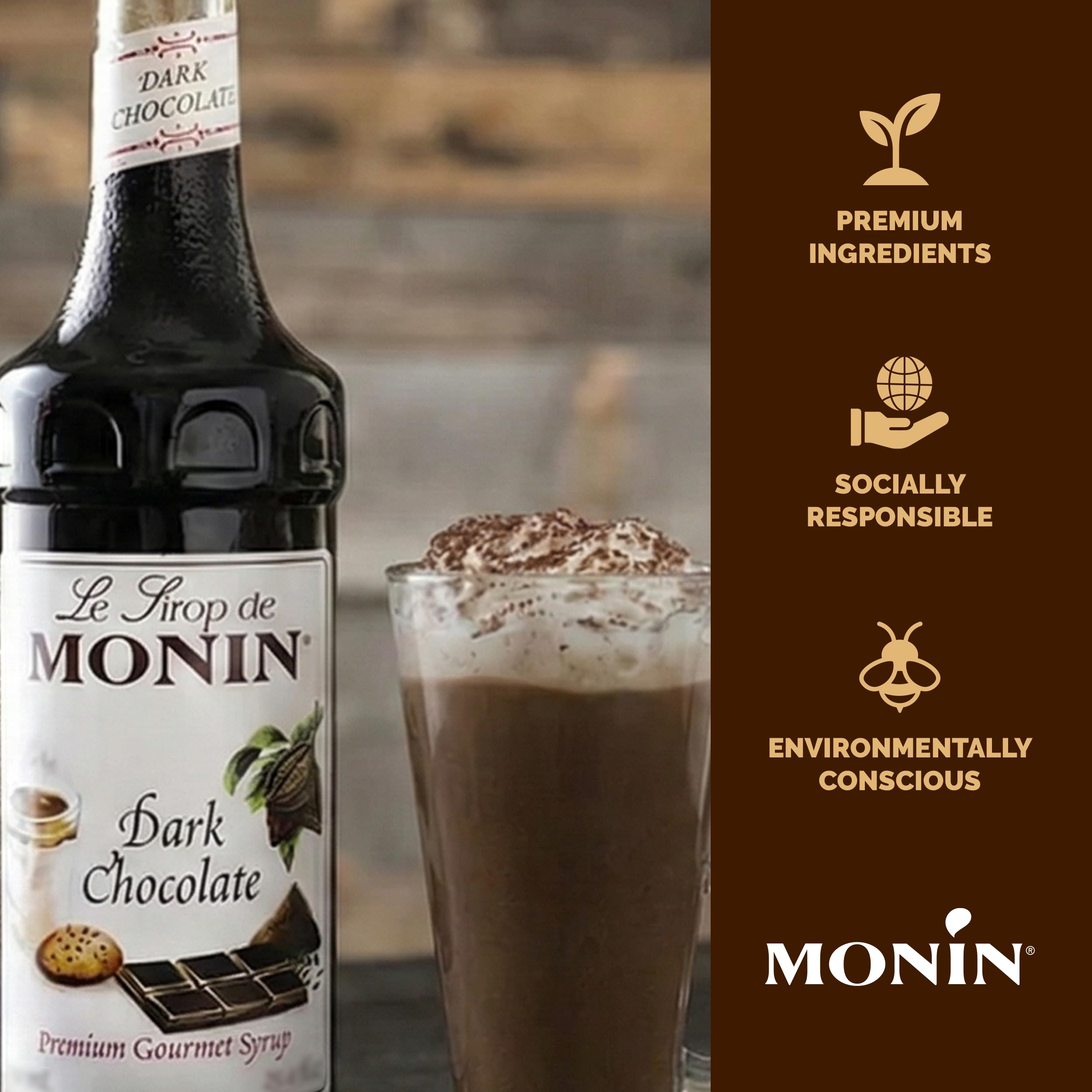 Monin Dark Chocolate Syrup in a cocktail glass for bold flavor.