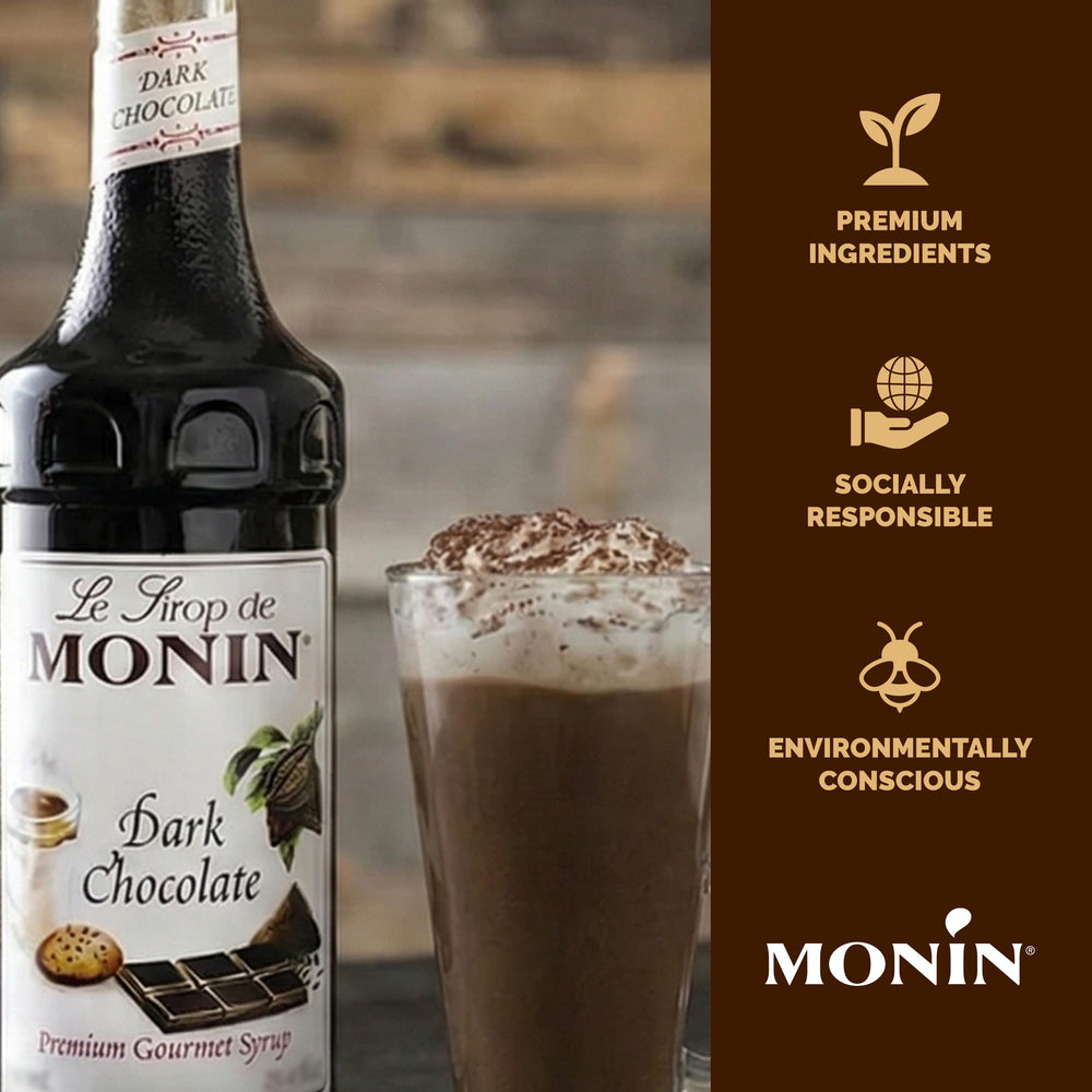 Monin Dark Chocolate Syrup in a cocktail glass for bold flavor.