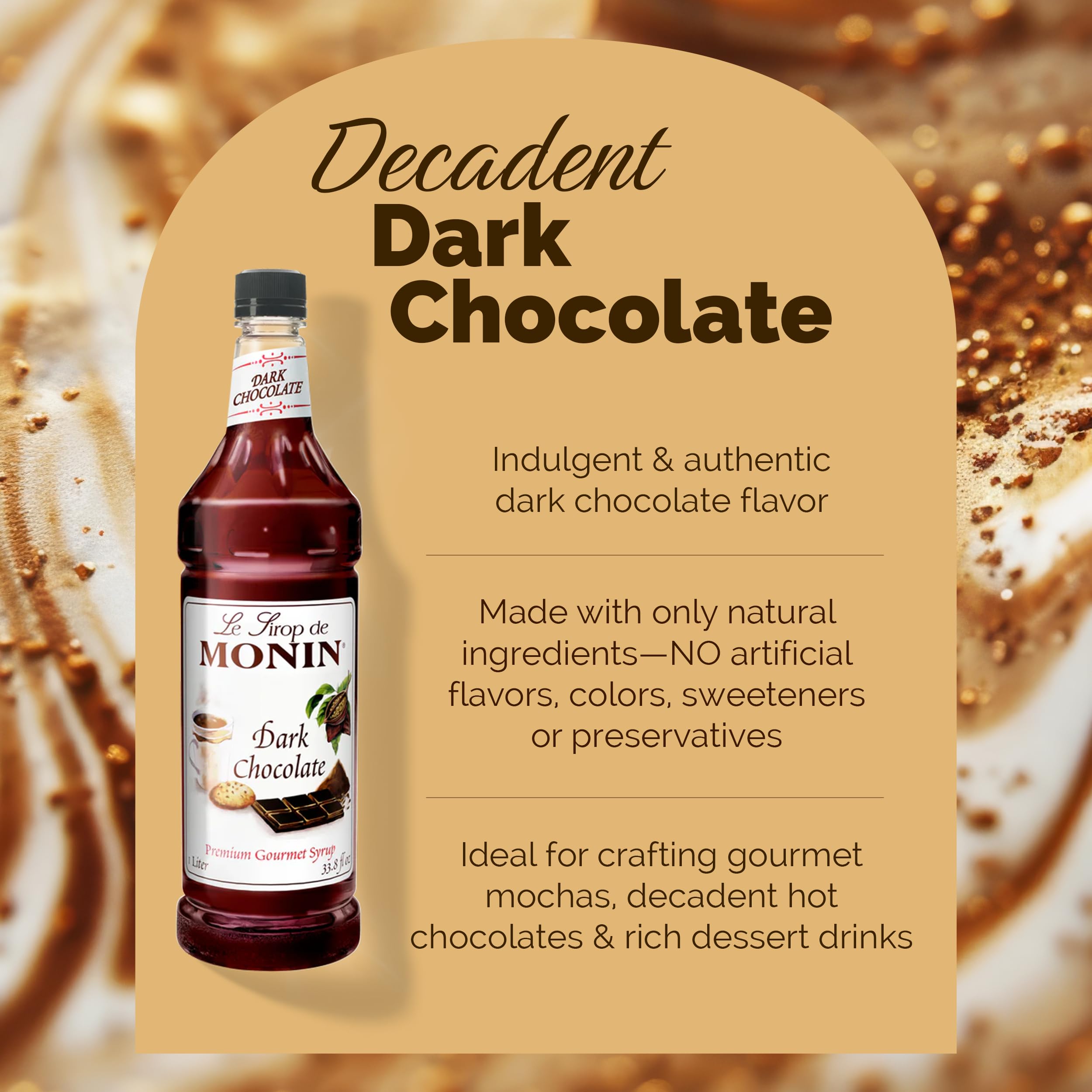 Monin Dark Chocolate Syrup drizzle on a dessert for indulgent finish.