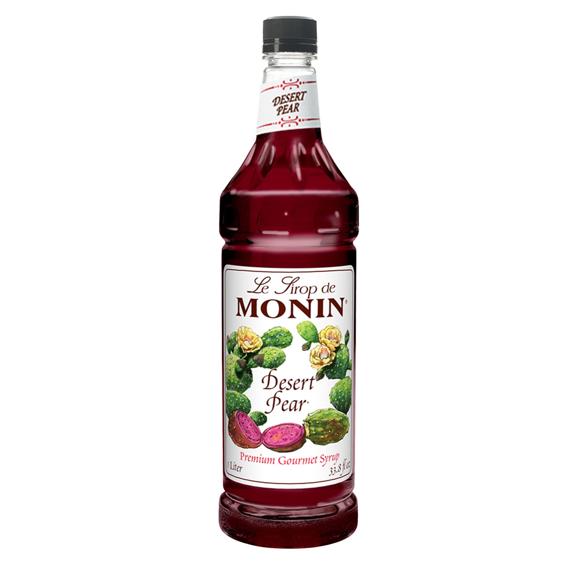 Monin Desert Pear Syrup bottle with bright color for drinks