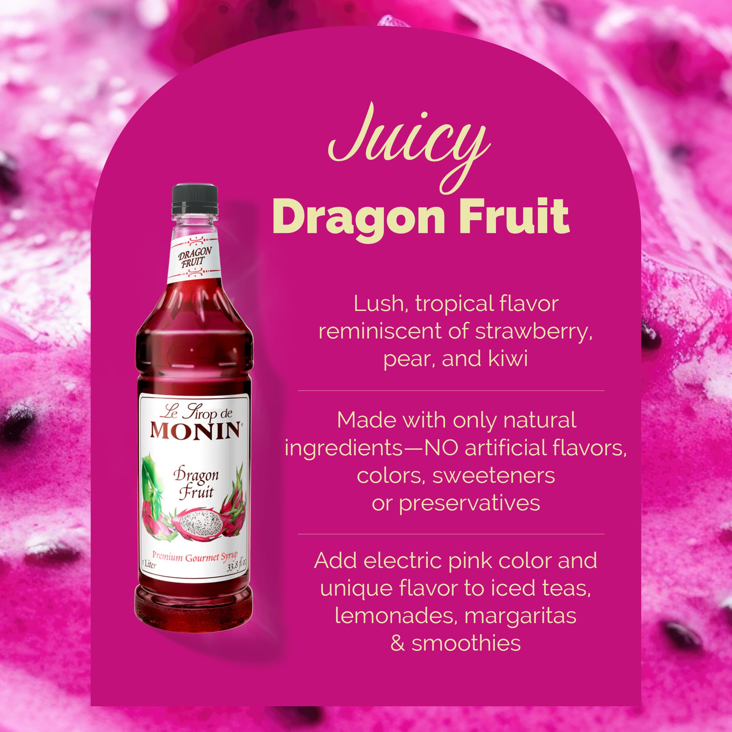 Monin Dragon Fruit Syrup cocktail creation scene with bright pink hue.