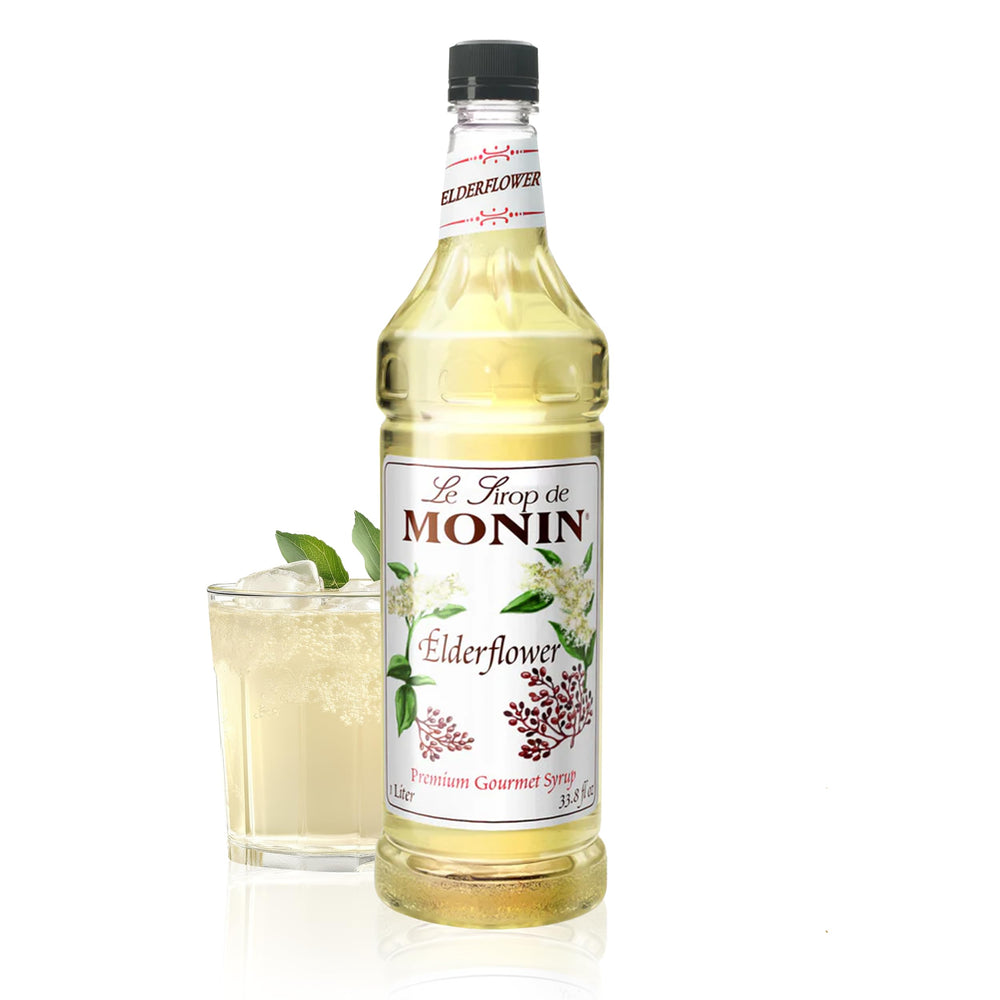 Monin Elderflower Syrup bottle adds delicate floral notes to cocktails.