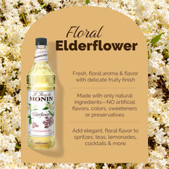 Glass of cocktail using Monin Elderflower Syrup with floral sweetness.