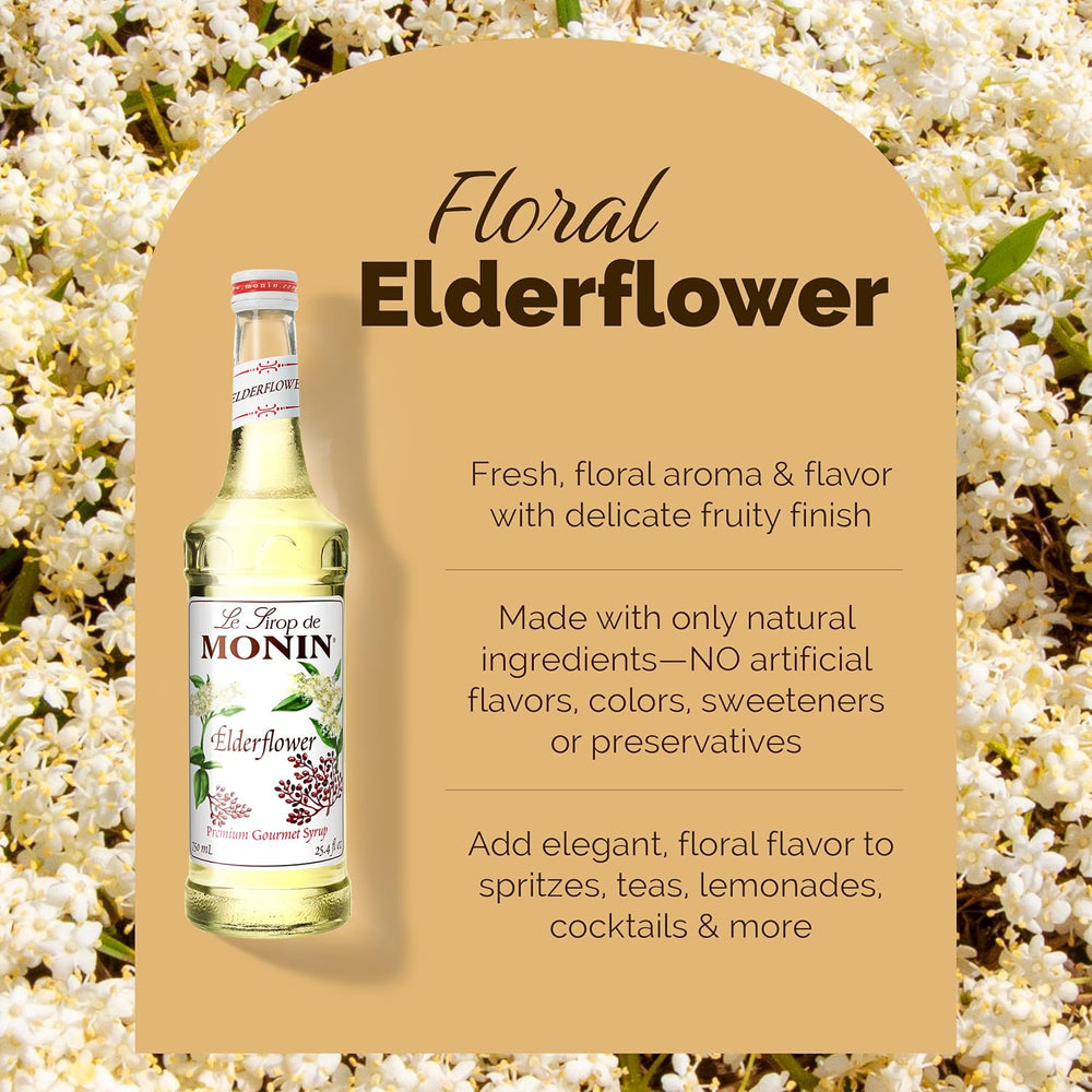 Monin Elderflower Syrup in a glass with a cocktail, showcasing floral sweetness and citrus notes.