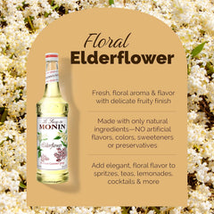 Monin Elderflower Syrup in a glass with a cocktail, showcasing floral sweetness and citrus notes.