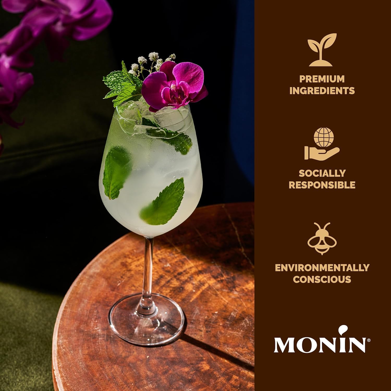 Close-up of the European-inspired label and cap on Monin Elderflower Syrup.