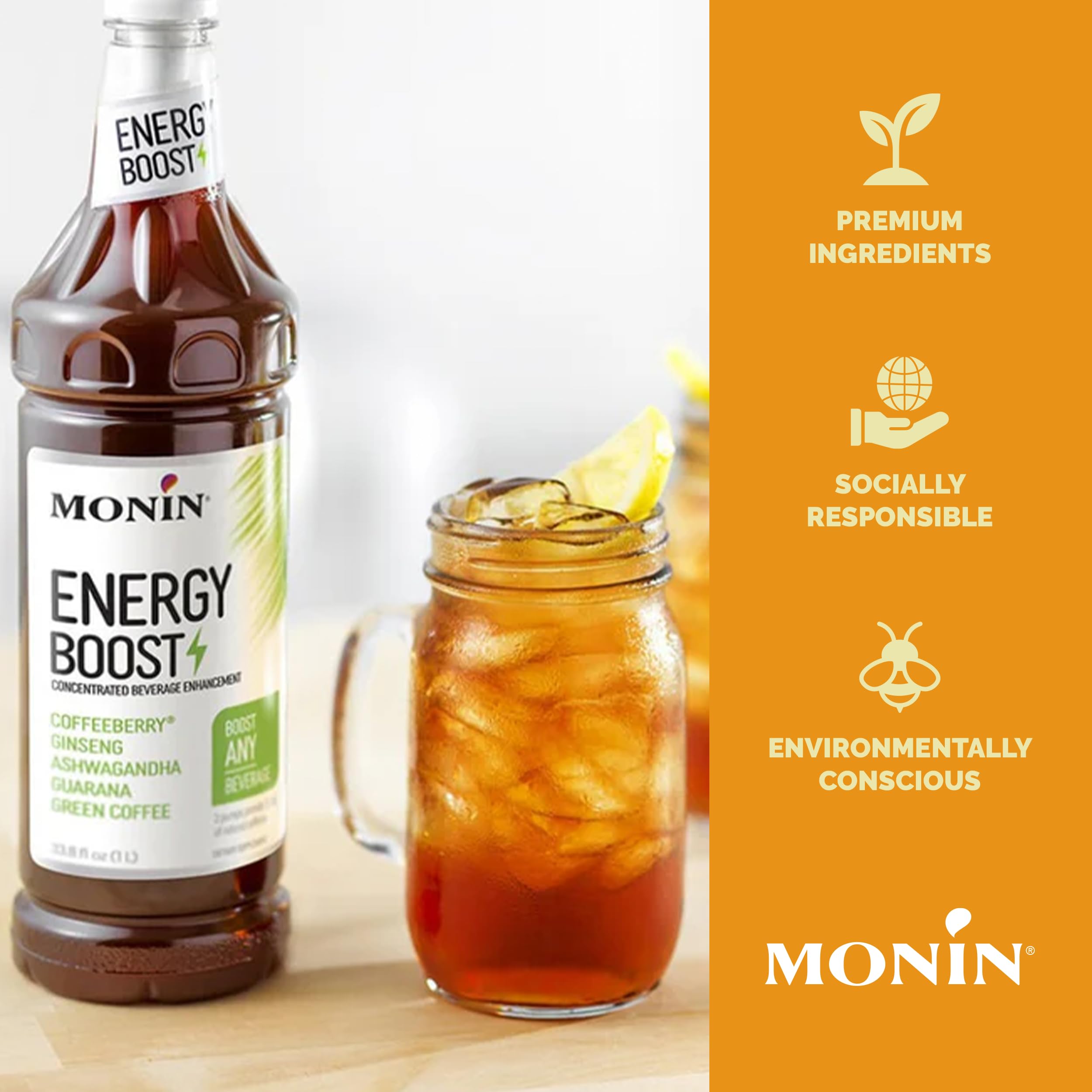 Monin Energy Boost ingredients on bottle hint at natural caffeine and plant extracts