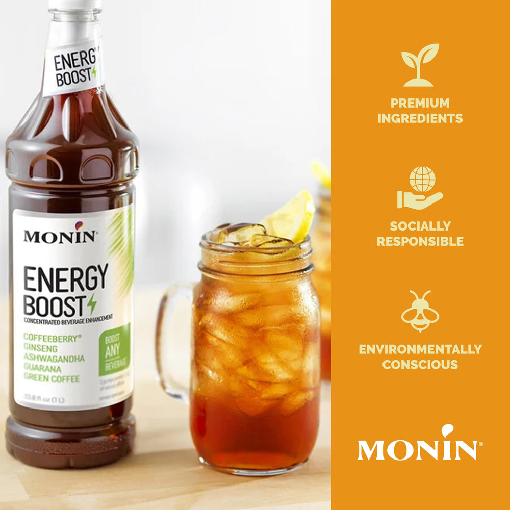Monin Energy Boost ingredients on bottle hint at natural caffeine and plant extracts