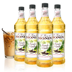Monin French Vanilla syrup bottle pouring, showcasing smooth vanilla flavor for coffees.