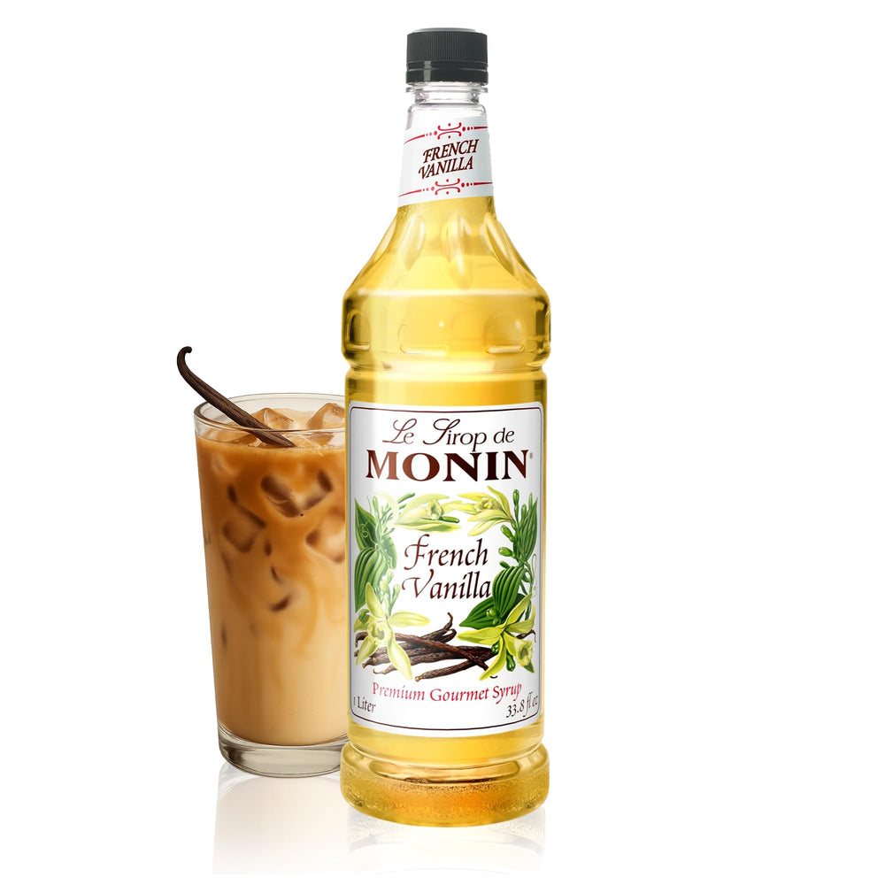 Monin French Vanilla Syrup bottle highlighting rich vanilla aroma for coffees