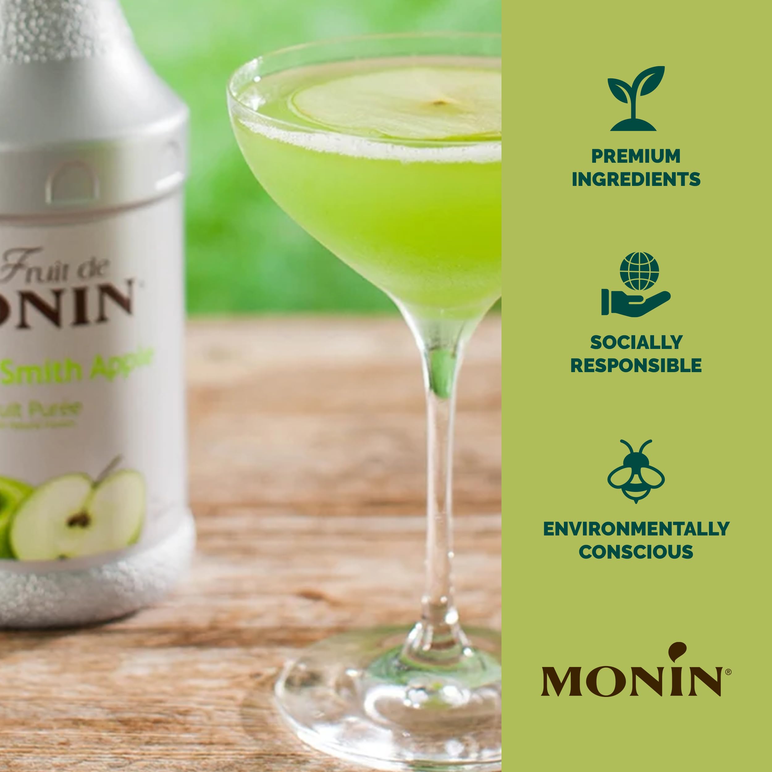 Monin Granny Smith Apple Puree comes in eco-friendly green packaging.