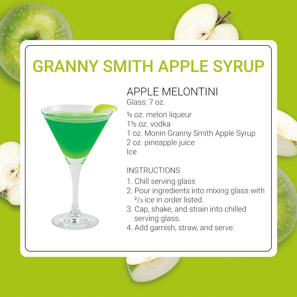 Monin Granny Smith Apple Syrup bar setup for craft cocktails.