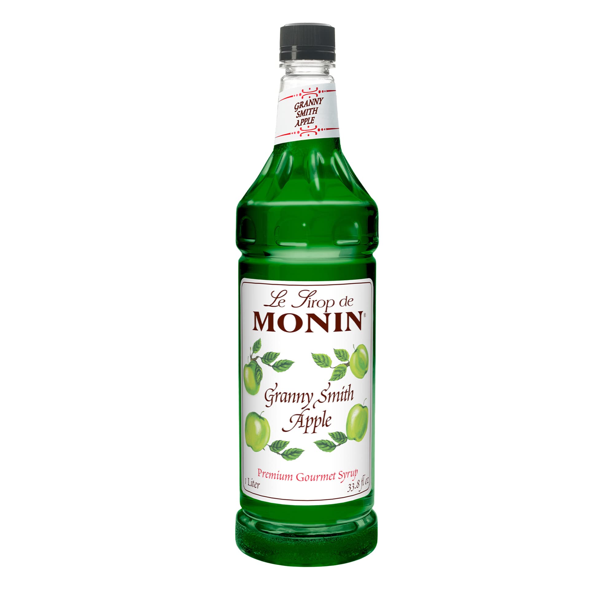 Monin Granny Smith Apple Syrup bottle pour adds crisp apple flavor to cocktails.