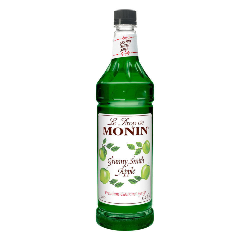 Monin Granny Smith Apple Syrup bottle pour adds crisp apple flavor to cocktails.